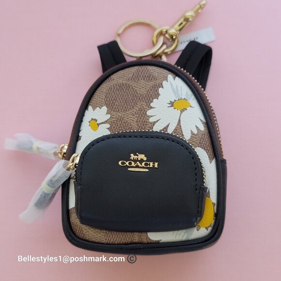 COACH Mini Court Backpack Bag Charm In Signature Canvas With Floral Print-Tan🎈⭐ - Picture 1 of 15